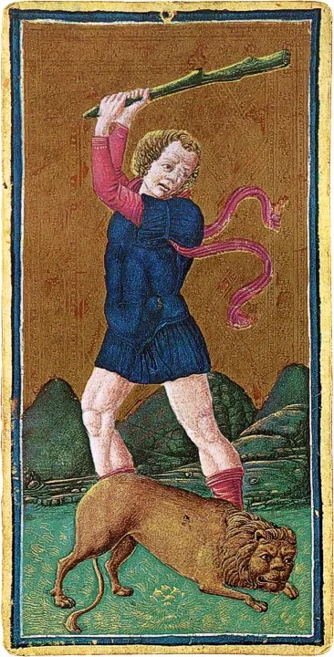 The Fortitude card from the Visconti-Sforza tarot deck, Italy, circa 1450